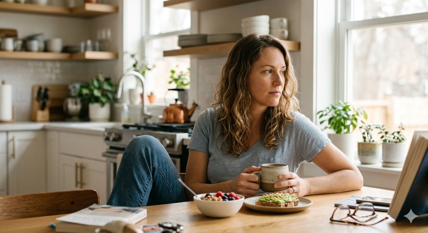 Woman calm and focused at kitchen table with healthy breakfast